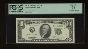 DBR 1995 $10 FRN Chicago Fr. 2032-G PCGS 63 Serial G51612612E - Picture 1 of 2
