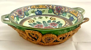 BEAUTIFUL PAIR: DELFT ZH BASKET (BOWL) w/HANDLES 7.5" PLUS WOVEN BASKET TRAY Exc - Picture 1 of 6