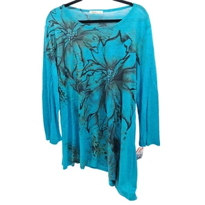 NEU VTG Y2K aquablaues künstlerisches Top Gr. XL Blumenmuster asymmetrisch Whimsigoth Fee Grunge - Bild 1 von 11