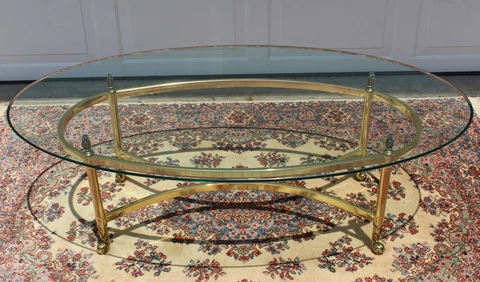 Brass footed & oval glass coffee table Hollywood Regency, LaBarge style 50" Cover