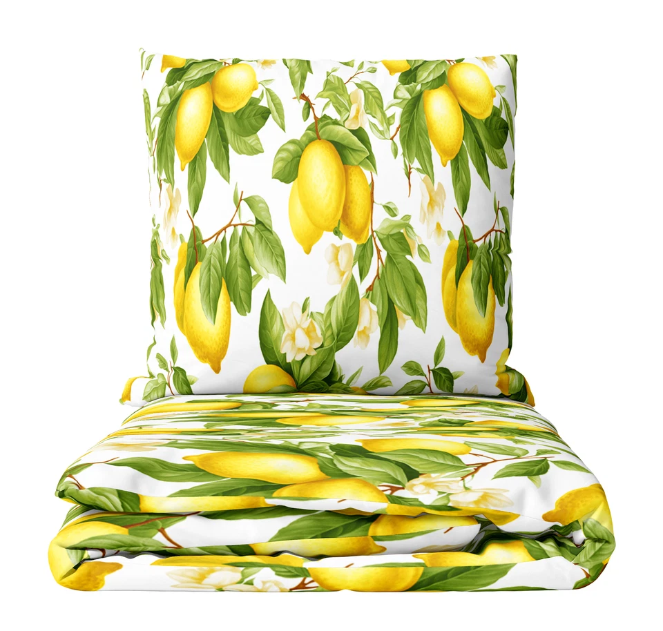 Bettwäsche Baumwolle 135x200 155x220 Zitronen Motiv Weiß Gelb Grün Set 2tlg 4tlg - Bild 1 von 1