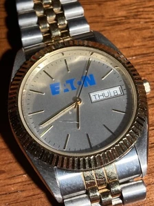 Vintage EATON Corp logo on Mens Selco Geneve Watch w Day Date Dial works - Picture 1 of 6