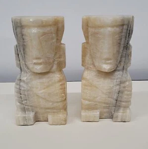 Vintage Large Tiki Man Marble Alabaster Bookends Bust Sculpture Book Holder 8"H - Picture 1 of 7