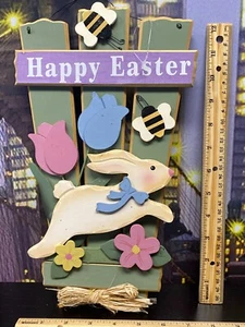 Happy Easter Bunny Rabbit Sign Wall Art Door Decor Hanger Plaque Seasonal Spring - Picture 1 of 4