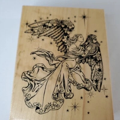 Sello de goma Ángel tocando arpa montado en madera PSX K1332 1994 4,5 H x 3,5 W Foto 1 de 3