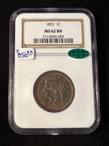 1853 BRAIDED HAIR ONE CENT NGC MS 62 BN 005 Cover
