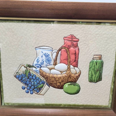 Vintage Hand Painted Fabric Puffy Picture Painting Country Theme, Eggs Basket - Image 1 of 4