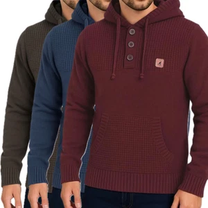 Mens Knitted Jumper Chunky Warm Winter Pullover Knit Hoodie Jumper With Pockets - Picture 1 of 7