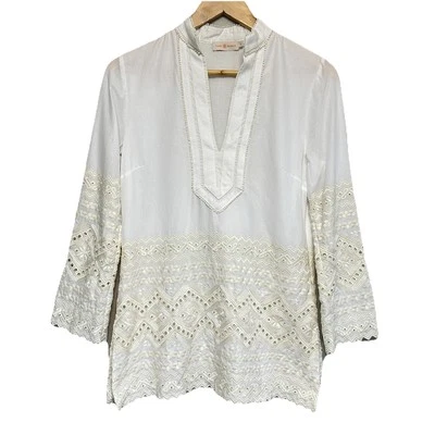 Blusa túnica bordada Tory Burch para mujer 4 crema Resort Preppy vacaciones de lujo Foto 1 de 4