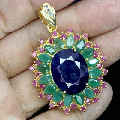 925 Sterling Silver Pendant Oval Blue Sapphire 18x14mm Emerald Ruby Gemstone - Image 1 of 4