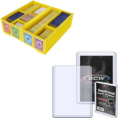 BCW 3200 Count Yellow 4-row Card Bin + 8 (360pt 9mm) Thick Toploaders Storage - Image 1 of 4