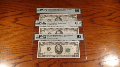 3 CONSECUTIVE PMG GEM 65 & 66 EPQ 1981 TWENTY DOLLAR CLEVELAND $20.00 Bills! - Image 1 of 4