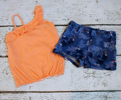 CRAZY 8 Talla 10 Niñas Naranja Melocotón Un Hombro Camiseta sin Mangas Tropical Pantalones Cortos Usados en Excelente Condición 10 Foto 1 de 4