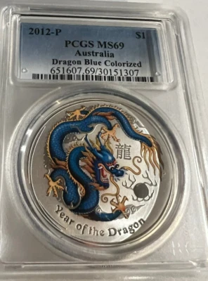 2012-P Australia $1 Dragon Blue Colorized PCGS MS 69-Gorgeous Coin - Image 1 of 4