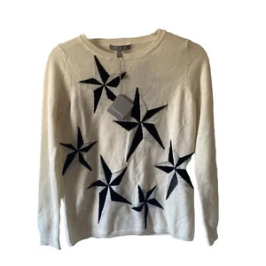 NWT Neiman Marcus Womens Ivory Black Star Cashmere Blend Pullover Sweater Sz XS - Picture 1 of 9