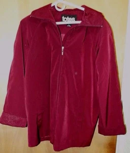 Totes Ladies Hooded Zippered Lined Maroon Jacket Size M Pockets, Floral Design - Picture 1 of 4