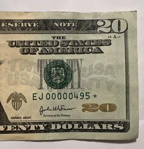 $20 Low 3 Digit Serial Number, 2004 Star ⭐️ Note EJ 00000495 * J10 District - Picture 1 of 3