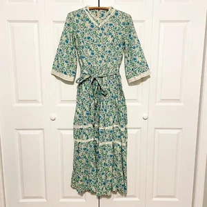 Vintage Herbst Ernte Gemüse Print Prärie Kleid Maxi Langarm Spitze Kürbis - Bild 1 von 17