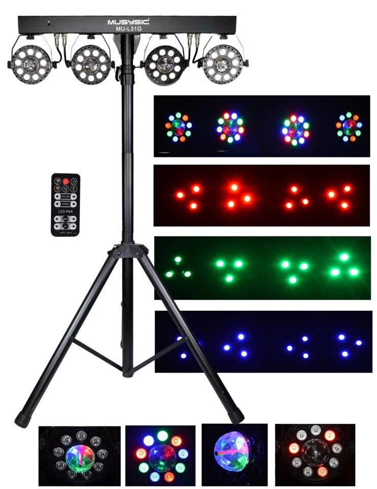 Complete Professional 4-Par Stage LEDs Lights DJ Band DMX System & Stand MU-L31G - Image 1 of 4