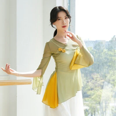 Women Sheer Mesh 3/4 Sleeve Chinese Top Traditional Ethnic Shirt Dance Slim - Image 1 of 4