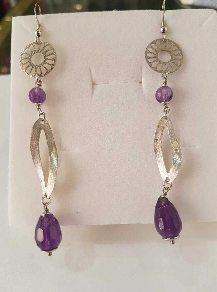 Orecchini donna pendenti Ametista viola,argento 925 idea regalo Earrings Silver - Immagine 1 di 1