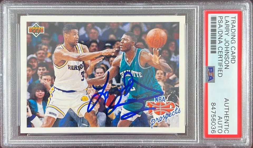 Tarjeta Larry Johnson Auto 1992 Upper Deck #438 Charlotte Hornets PSA Encapsulada Foto 1 de 3