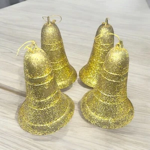 4 Vintage Plastic Gold Glittered Bells 5.5” Tall Ornament Craft Handmade ??? - Picture 1 of 10
