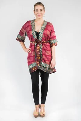 Rojo Multicolor Vintage Mezcla Seda Bata o Prendas de abrigo con ribete adornado Foto 1 de 4