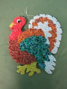 Vintage Melted Plastic Popcorn Turkey Decoration 15” Wall Window Hanging - Picture 1 of 7