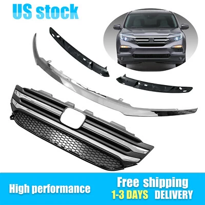 Upper Grille For 2016 2017 2018 Honda Pilot Grill w/Chrome Surround Molding Trim Foto 1 de 4