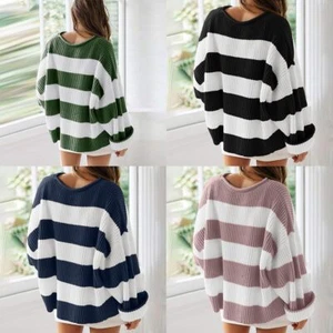 Women Orange and White Striped Sweater Knitwear Long Sleeve Knitted Pullover - Picture 1 of 83