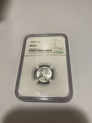 1943-S  Lincoln Wheat Steel Cent  (NGC  MS 67 Blast White) Rarer S Mintmark Slab - Image 1 of 2