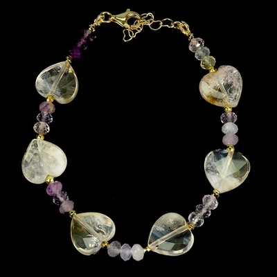 925纯银手链心形黄水晶12毫米紫水晶宝石首饰7.5英寸 — 第 1/4 张图片