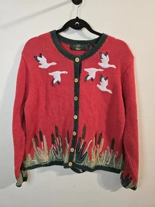 Vintage Orvis Strickjacke Pullover Gänse Rohrkolben Applikation 90er XL rot Katzenschwanz Enten - Bild 1 von 7