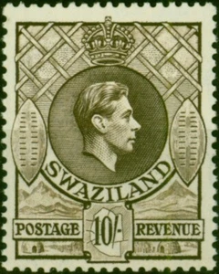 Swaziland 1938 10s Sepia SG38 P.13.5 x 13 Fine MNH - Picture 1 of 1