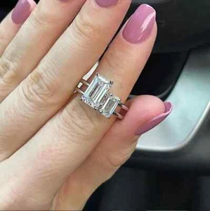 Toi Et Moi Double Row Band 3 CT Moissanite Emerald Cut Anniversary Ring For Her - Picture 1 of 5