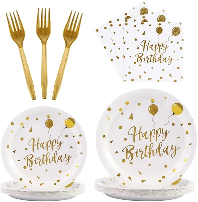 96 PIEZAS Platos y Servilletas Feliz Cumpleaños Suministros de Fiesta, Blanco y Dorado Desechables Foto 1 de 4