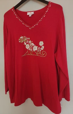Quacker Factory 2X Holiday Beaded Embroidered Poinsettia Sleigh Red Sweater Top - Image 1 of 4