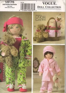 18" Doll Nightwear Sewing Pattern, Pajamas Robe Slippers Teddy Bear Vogue 8176 - Picture 1 of 5