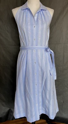 J. PETERMAN размер 12 синий белый в полоску хлопок подпоясанный с бретелью через шею платье с карманами - Изображение 1 из 4