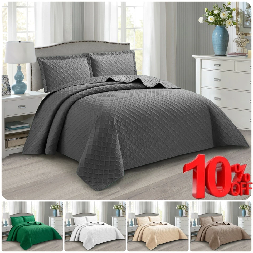 3 Piece Emboss Bedspread Quilted Comforter Bedding Set Bed Throw Reversible King - Image 1 of 4