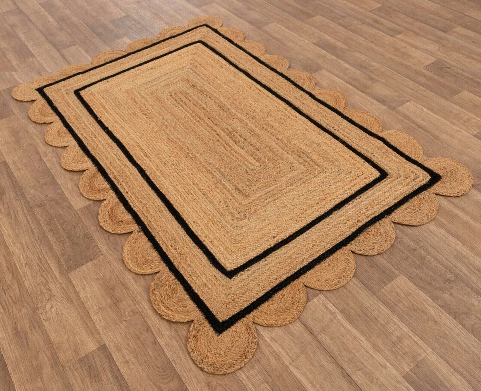 Handmade Braided Natural Pure Jute with Black Design Scalloped Rug - Image 1 of 1