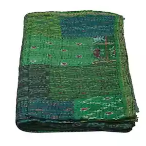 Bohemian Green Kantha Twin Silk Vintage Quilts Reversible Throw Patchwork Kantha - Bild 1 von 5