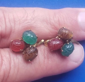 Vintage Yellow 12k Gold Filled Carved Scarab Gemstone Screwback Earrings - Picture 1 of 6