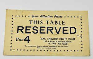 1940s Bal Tabarin Night Club Gardena CA Table Reserved Card With Drink Menu