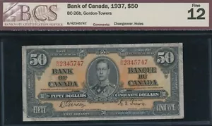 1937 Bank of Canada $50 - Changeover - BC-26b - BCS Fine 12 - S/N: B/H2345747 - Picture 1 of 2
