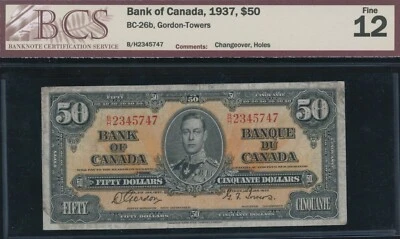 1937 Bank of Canada $50 - Changeover - BC-26b - BCS Fine 12 - S/N: B/H2345747 - Image 1 of 2