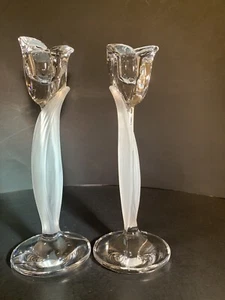 2 MIKASA Tulip Candleholders Spring Aria 11.75” Frosted Crystal Taper Tall Set - Picture 1 of 9