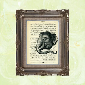 Book Page Art Print: Elephant on Vintage Arabic Text - Picture 1 of 3