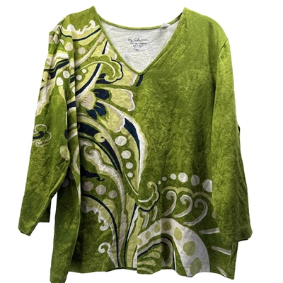 Chicos Women's Top Size XL Green Blue White 3/4 Sleeves V Neck Pullover Stretch - Image 1 of 4